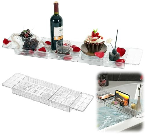 WAVATA Bandeja para bañera de plástico, bandeja extensible para bañera, 56-80 cm, estante para iPad y libros, copa de vino, toalla, estantes para bañera, accesorios de bañera