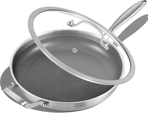 Inqibee 30 cm Hybrid Tri-Ply Stainless Steel Non Stick Chef's Frying Pan with Lid and Helper Handle, Skillet, Induction Cooking Pan, Oven Safe