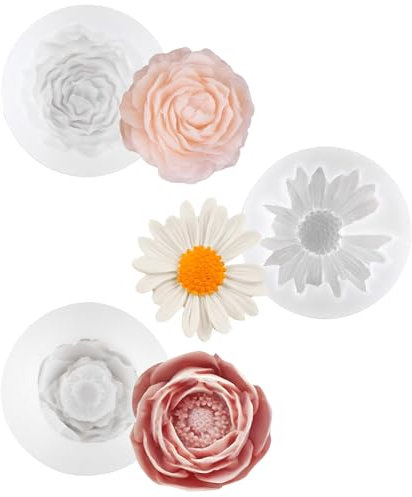 XIAQICA 3 Pièces Moule Silicone Decoration 3D DIY Fleurs Pivoine, Roses, Chrysanthèmes pour Bougies, Savons et Chocolats