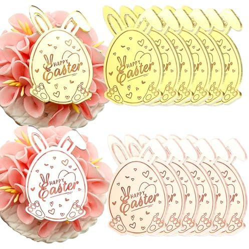 Happy Easter Cupcake Toppers – Egg & Bunny Shapes – Set of 12 or 24 | 3 LITTLE DESSERTS Mirror Gold & Mirror Rose Gold (Egg Discs, 24)