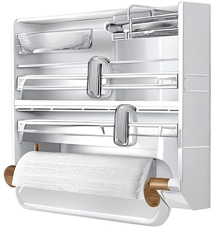 Portarollos de Cocina 6 en 1 Blanco Organizador Dispensador de Papel Aluminio Film Transparente y Bolsas de Congelación con Corte Preciso Porta Cinta y Accesorios Pequeños para Pared