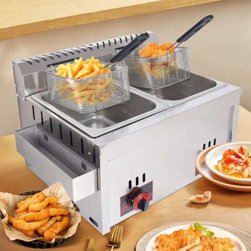 AvgnLxqe Friteuse à Gaz de 20 L Friteuse Professionnelle Double Grande Capacité Friteuse Multifonction Friteuse à gaz en Acier Inoxydable de Grande pour Usage Domestique et Commercial