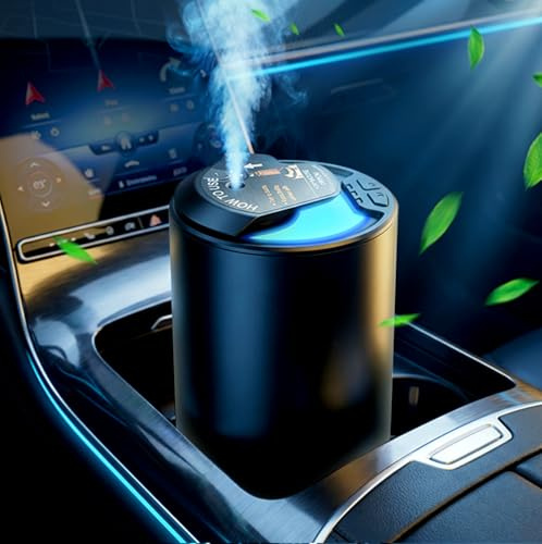 Waterless Essential Oil Diffuser,Smart Auto On/Off,Cool Mist Mini Portable Diffuser for Car,Battery Operated Nebulizer, Battery Operated Mini Scent Diffuser,3 LED Light Colors,15ml，black