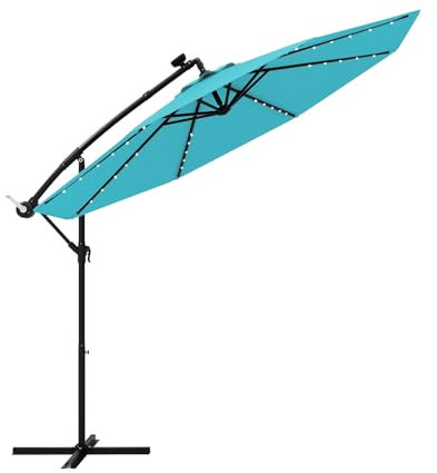 GOPLUS Sombrilla Jardín Ø 3m con Luces LED Solares, Parasol Excentrico Inclinable con Manivela, Protección UV, Impermeable, Terraza Exterior Grande, Base de Sombrilla no Incluida (Turquesa)