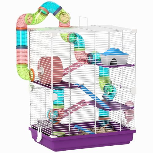 PawHut Gabbia per criceto roditore 4 piani con gallerie mangiatoia Ruota Casa scale dim. 46L x 30L x 58H cm Viola