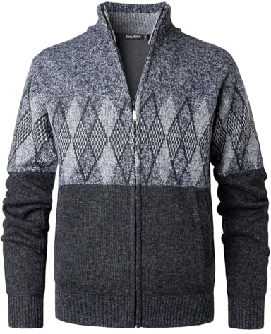 Beryielite Herren Strickpullover mit Stehkragen durchgehendem Reißverschluss Langen Ärmeln und lässigem Sweatshirt Schnitt Cardigan Strickjacke Gestrickt Übergangsjacke