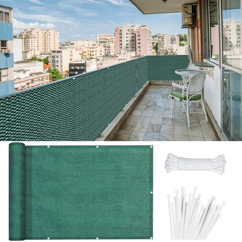 Balkonbespannung Sichtschutz 90 x 100 cm HDPE Balkonbespannung mit Kabelbinder Atmungsaktiv Sonnenschutz Balkon Ohne Bohren für Balkongeländer Terrasse, Dunkelgrün