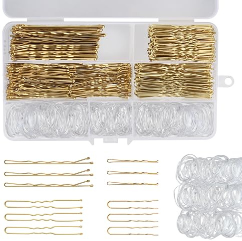MOSTFUN 500 stycken hårnålar bobby stiftset, franska U-hårklämmor 5 cm (2,36 tum), hårnålar för 5 cm (2,75 tum), transparent hårgummi med förvaringslåda för kvinnor flickor (guld)