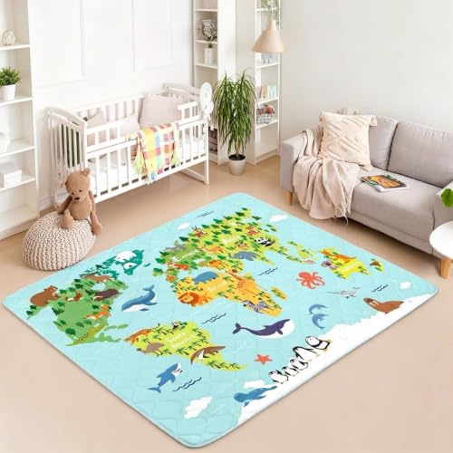 decalsweet Spielmatte Baby 150×180cm mit Rutschfest, Extra Dicke 2cm Weiche Krabbelmatte Baby, Faltbar Krabbeldecke für Baby Krabbelteppich für Kinderzimmer Indoor Outoor Zaun (Tierweltkarte)