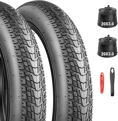 MEGHNA 20 x 3,0 pneumatici per bicicletta (76 – 406) Premium Comfort & All-Terrain Grip, ideale per Fat Bicycle, E-bike, MTB (2 pneumatici + 2 tubi + 2 leve per pneumatici, 20 x 3,0)