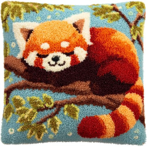 AMBATTERY Kits De Crochets De Verrouillage panda roux Kit Point Noué Coussin Kit Diy Crochet À Loquet Coussin,Tapis Point Noué 43×43cm