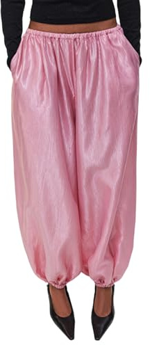 YOOTIKO Womens Satin Pants Elastic High Waisted Dressy Silk Harem Pants Casual Balloon Slack Trousers Pink