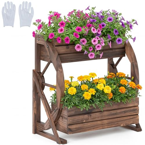 HOMASIS Blumenkasten Holz, Pflanzkübel mit Räder, Pflanzkästen Gartendeko, Hochbeet mit Drainagelöcher & Handschuhe, Blumentopf Pflanzkarre für Garten Balkon Terrasse, Braun (56x33x56,5cm)