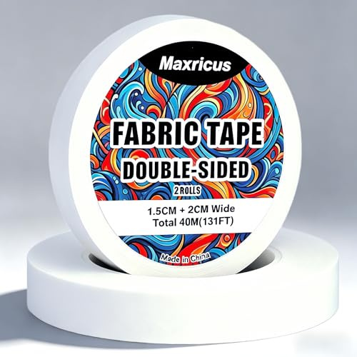Double Sided Fabric Tape (2 Rolls) 40m Total - Cloth Tape 1/4 (1.5cm) & 1/2 (2cm) Wide, No Sew Hem Tape for Clothing Repair, Quick Temporary Hemming Tape for Trousers, Skirts, Clothes, DIY Crafts