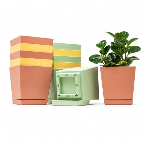 Vasi Fiori Plastica da Esterno Interno 12 cm | Set di 12 Vasi, Pastello | Moderni Quadrati | Con Fori di Drenaggio e Sottovaso | Plastica Dura | Resistente ai Raggi UV