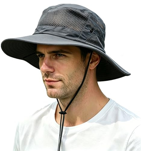 Solhatt Herr Dam Vattentät Fiskehatt med UPF 50+ UV-Skydd, Vikbar Bucket Hat med Andningsbart Nät, Snabbtorkande Safarihatt med Brett Brätte och Hakband