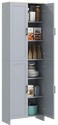 HOMCOM Freestanding Kitchen Cupboard Storage Cabinet 170cm Grey | 4-Door, Adjustable Shelves, Modern Kitchen Pantry, for Dining Room
