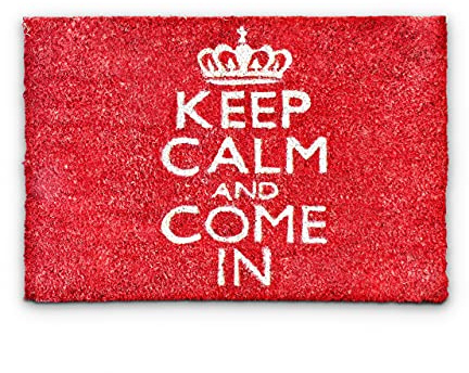 Relaxdays Fußmatte Kokos Spruch KEEP CALM 40 x 60cm Kokosmatte mit rutschfester PVC Unterlage Fußabtreter aus Kokosfaser als Schmutzfangmatte und Sauberlaufmatte Fußabstreifer für Außen und Innen, rot