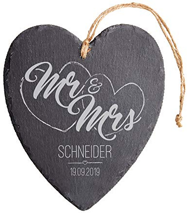 Casa Vivente Schieferherz mit Gravur zur Hochzeit, Motiv Herzen, Mr and Mrs, Personalisiert mit Namen und Datum, Türschild und Deko