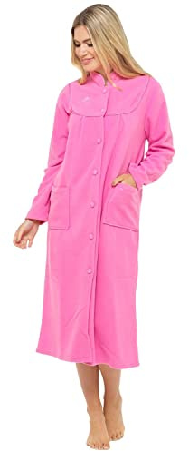 Ladies Fleece Dressing Gown Sizes UK 10 to 26 Robe wrap Button Front Pockets (14/16, Pink)