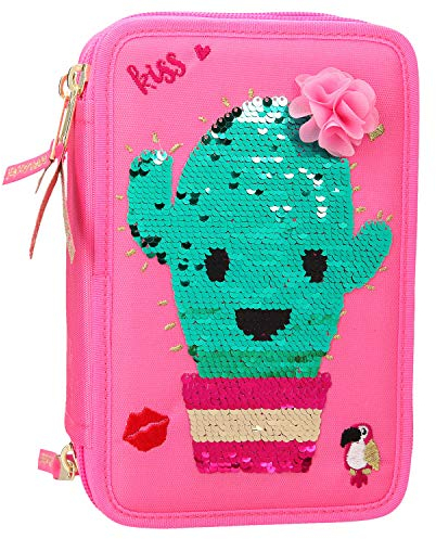 Depesche 10418 Federtasche 3 Fach, TOPModel mit Kaktus aus Streichpailletten, bunt