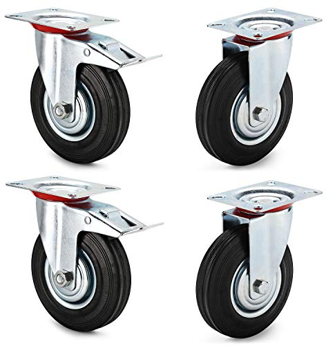 DBREAKS 4 Stück 125mm Schwerlastrollen, Transportrollen mit Bremse, 2x Lenkrollen + 2x Lenkrollen mit Bremse, Möbelrollen für Palettenmöbel, Strandkorb, Werkbank, Tragfähigkeit 100KG/Rolle
