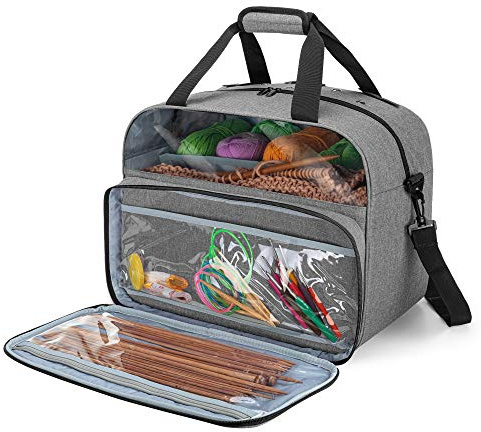 Teamoy Garn Tasche, Stricktasche für Stricken Zubehör, Grau | Aufbewahrungstasche mit Sichtbarem Bereich Vorne und Genug Platz für Wolle, Häkeln Nadelset und Zubehör (Nur Tasche)