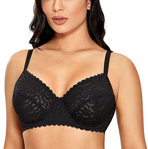 DOBREVA Women's Full Coverage Bra Lace Unlined Underwire Plus Size Minimiser Bra Black 34F