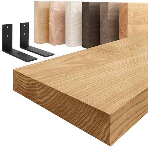 LAMO Manufaktur Holzregal mit schwarzen L-förmigen Halterungen | Wand Regal 120 cm breit für Wohnzimmer, Arbeitszimmer im Industrial-Stil | Farbe: Rustikal, Kante: gerade | Massivholz