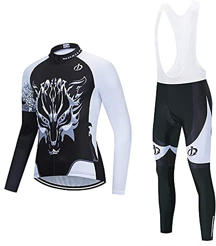 Radtrikot Set Herren Fahrradtrikot, Langarm Set mit 20D-Gel-gepolsterten Langarm Trägerhose Radhose, Atmungsaktiv Elastische Schnell Trocknend Fahrradbekleidung Set für Radfahren MTB