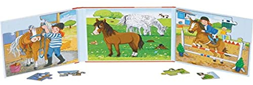 Goki 57383 Puzzle Reiterhof 17,3 x 17,3 x 1,2 cm, 2 x 20 Teile, 2 Motive, magnetisch