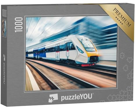 puzzleYOU: Puzzle 1000 Teile „Hochgeschwindigkeitszug in Bewegung auf dem Bahnhof bei Sonnenuntergang“ – aus der Puzzle-Kollektion Eisenbahn