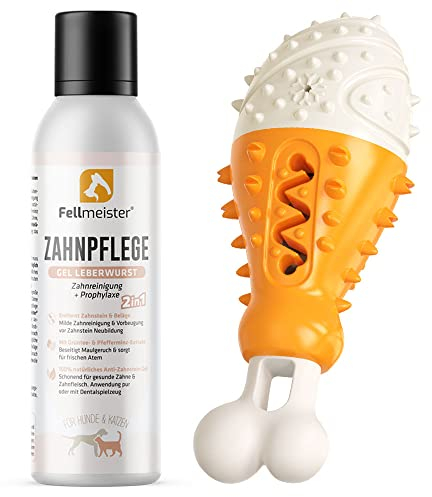 Fellmeister® Zahnpflegeset für Hunde - Zahnpflege Gel gegen Zahnstein und Maulgeruch mit Dental Spielzeug Keule Kauspielzeug für Hunde (Gel Leberwurst)