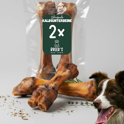 BREER Hundesnacks Kalbsunterbeine getrocknet 2 Stück Natürlicher Kauknochen für Hunde Langer Kauartikel für große & kleine Rassen Zahnpflege & Beschäftigung Leckerli