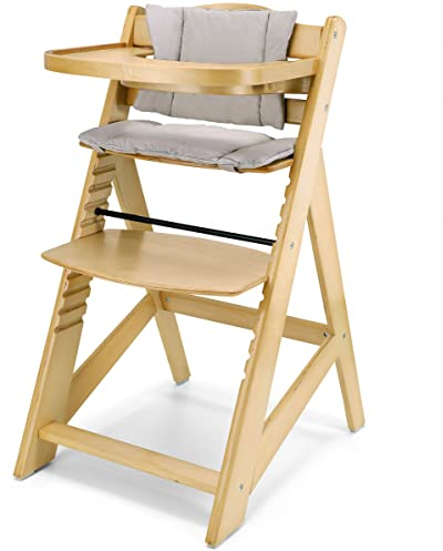 Moby-System Woody Mitwachsender Kinderhochstuhl, Hochstuhl für Kinder, Höhenverstellbar, mit Essbrett und Kissen, 3-Punkt-Sicherheitsgurt, Massivholz, Erle