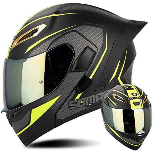 Integrierter Motorradhelm Motorrad Klapphelm mit Doppeltem Sonnenvisier Farblinse Rollerhelm DOT/ECE-Zertifizierung Integralhelm HD Doppelspiegel Sturzhelm für Männer Frauen,Schwarz Gelb-XXL(63~64cm)