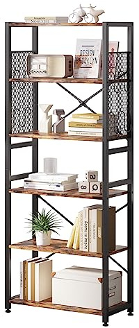 TREETALK 6 Tier Bookshelf, Standing Bookcase with 2 X-shape Strips,Metal Mesh Side Panels, 8 S-shaped Hooks, Industrial Storage Rack for Office, Living Room (Rustic Brown)