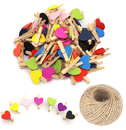 50 pinces à linge en bois mini cœur multicolores, petites pinces à linge multicolores avec cœur, pinces à linge en forme de cœur de 3 cm, minuscules pinces à linge avec ficelle pour affichage de