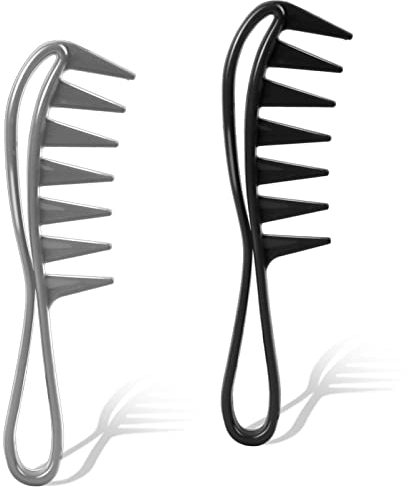 Wide Tooth Comb, 2 Pcs Large Tooth Combs Shark Teeth Hair Combs Curl Comb Durable Plastic Hair Combs Hairstyle Tool Large Texture Combs for Curly Wet Wavy Hair Wigs (Black, Grey)