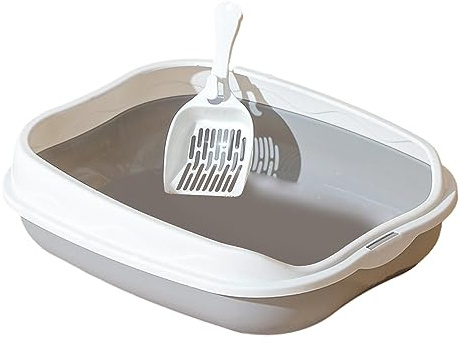Fonowx Katzentoilette mit Schaufel, Katzenklo Offen mit Hohem Rand Groß, Katze WC, Katzensandkasten rutschfest, Schalentoilette Katze ohne Deckel, Cat Litter Tray für Kätzchen, Grau S 42x29x14cm