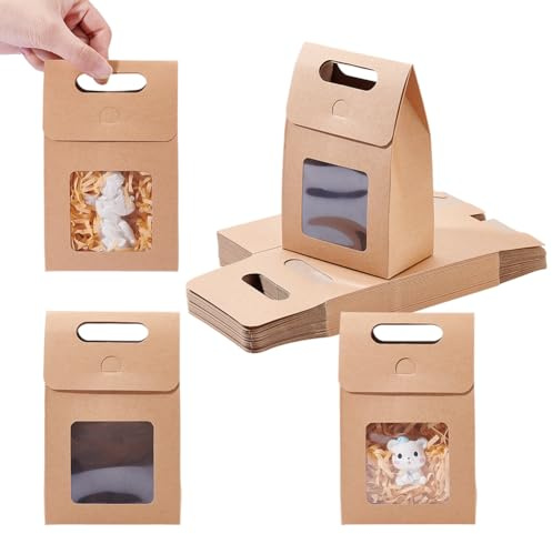 GOMAKERER 28 Stück Papier-Geschenktüten, Burlywood Papiertüten Mit Transparentem Fenster, Blumenstraußbeutel Mit Griffen, Wiederverwendbare Beutel Für Muttertag, Hochzeit, Party, Jahrestag, Brautparty