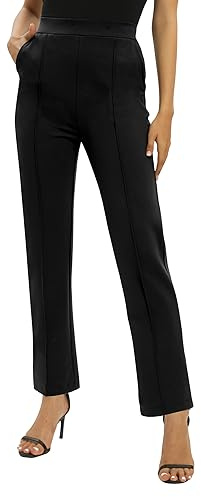 EXCHIC Femmes Bureaux Casual Jambes Droites élastique Travail Pantalons Taille Haute Pantalons avec Poches(XL, Noir)