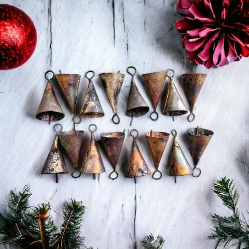 Handgefertigte rustikale Eisen-Metallglocken in Kegelform, Glocken, Kuhglocken, Antik-Finish, Größe 5,1 cm H (Set mit 16 Stück) mit Jute-Schnur
