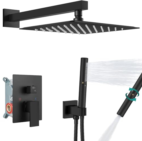 Aolemi Shower Faucet Set, High Pressure Shower System with 2-in-1 Handheld Sprayer, Wall Mount Fixture Combo with Rough-in Valve, 16 Inch Shower Head, Matte Black