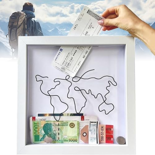 Jastown 20 * 20cm Adventure Archive Box,Salvadanaio Viaggio con Slot,Scatola Di Raccolta Di Viaggi,Scatola Di Ombra Del Biglietto,Mappa Del Mondo Della Cornice Della Scatola,Scatole Legno (Bianco)
