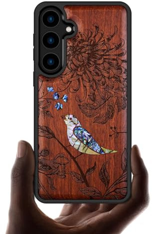 Carveit Designer Wooden Case for Samsung Galaxy S24 [Wood Engraving & Shell Inlay] Compatible with Wireless Chargers S24 Case (Flowers and Bird-Red Wood)