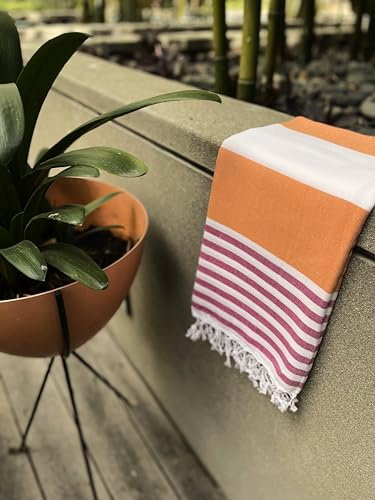 Harpo Orange Pink Striped Beach Bath Towel - 100% Turkish Cotton - Sand Resistant Highly Absorbent Fast Drying Super Soft - Boho Bohemian Towels Peshtemal Blanket Pareo Sarong Striped
