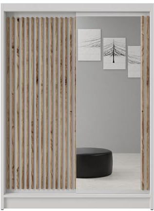 BEAUTY SOFA Schiebetürenschrank Vincent - 2-türig Kleiderschrank im modernes Stil - Schrank mit Lamellen, inkl. Spiegel, Kleiderstange - Breite 160 cm - Farbe Weiß - 160x58x215cm
