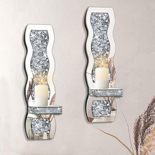 GA Home Crystal Crush Diamond Candle Holder Set of 2, Wavy Silver Mirrored Wall Candle Sconces, Wall Decorations for Living Room, Dining Room, Bedroom