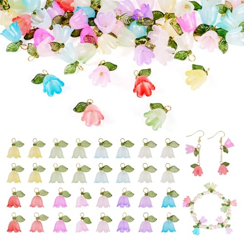Sparkeads 50 Stück Lilie-Charms, Efeu-Form, Acryl, Glockenform, Blume mit Blatt, zum Aufhängen, Schmuckornament, Halsketten, Schlüsselanhänger, Armbänder, DIY,